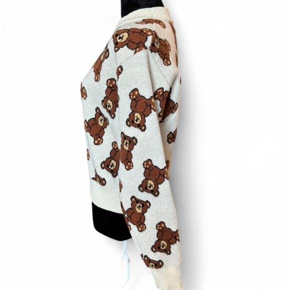 Cream Teddy Bear Knit Sweater Retro Kawaii Coquette Cute Novelty Size S - Picture 6 of 8